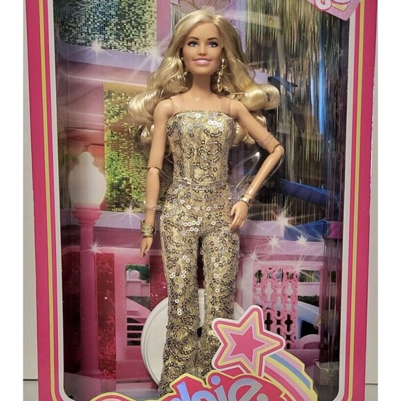 Barbie The Movie Margot Robbie Gold Disco Jumpsuit Doll NEW - Picture 2 of 5